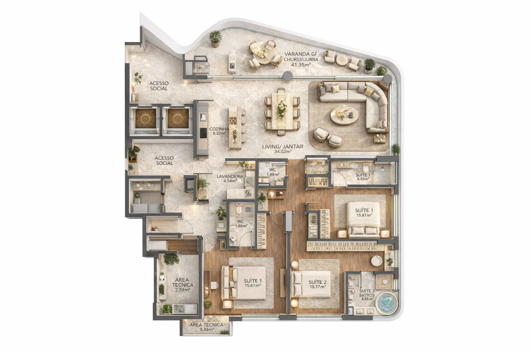 Apartamento no Atmosphere Home Spa com 231 m², 4 suítes, varanda e adega.  - Planta
