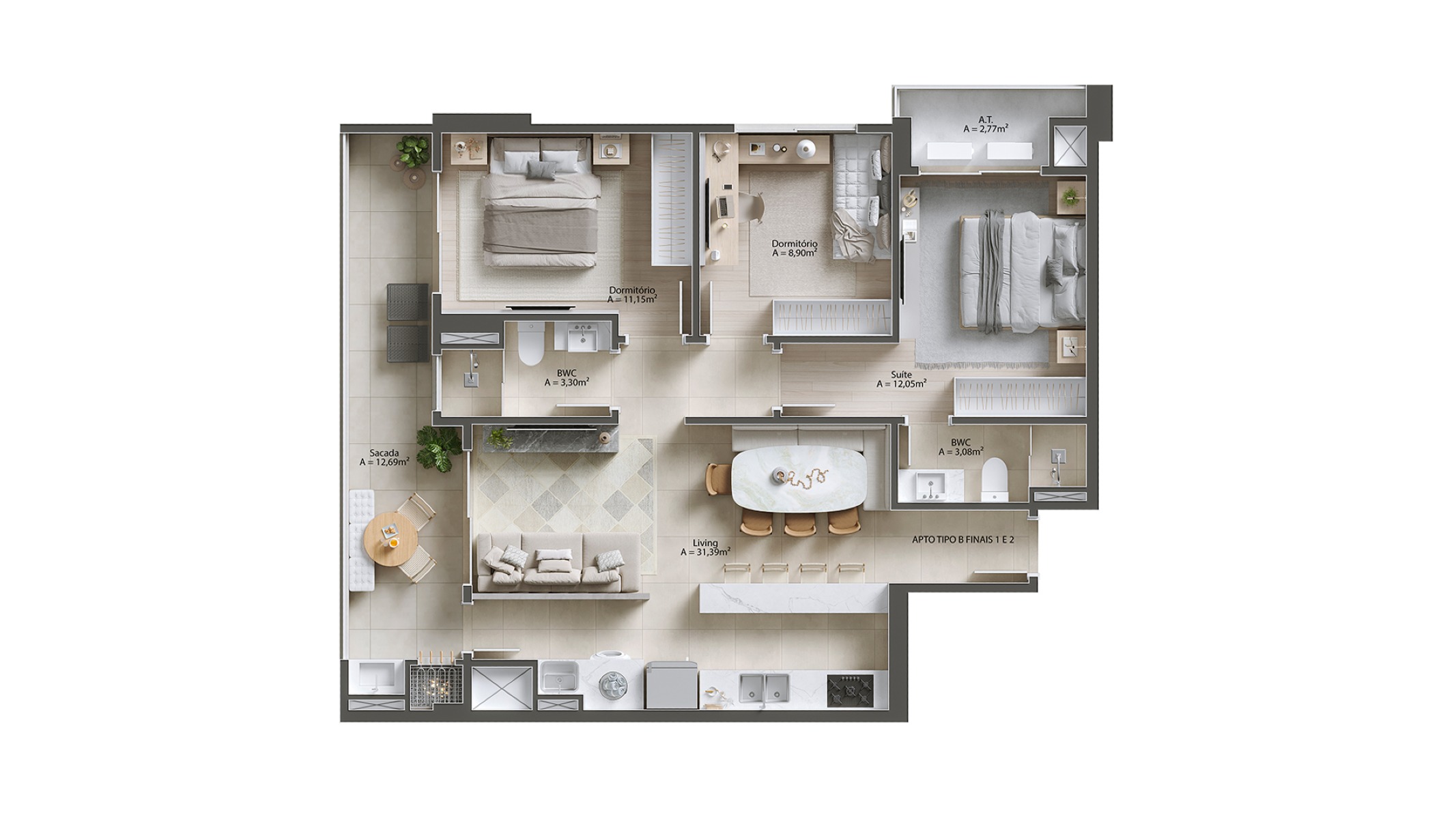 Apartamento decorado com 3 quartos no Salt na Praia Brava em Itajaí - Planta