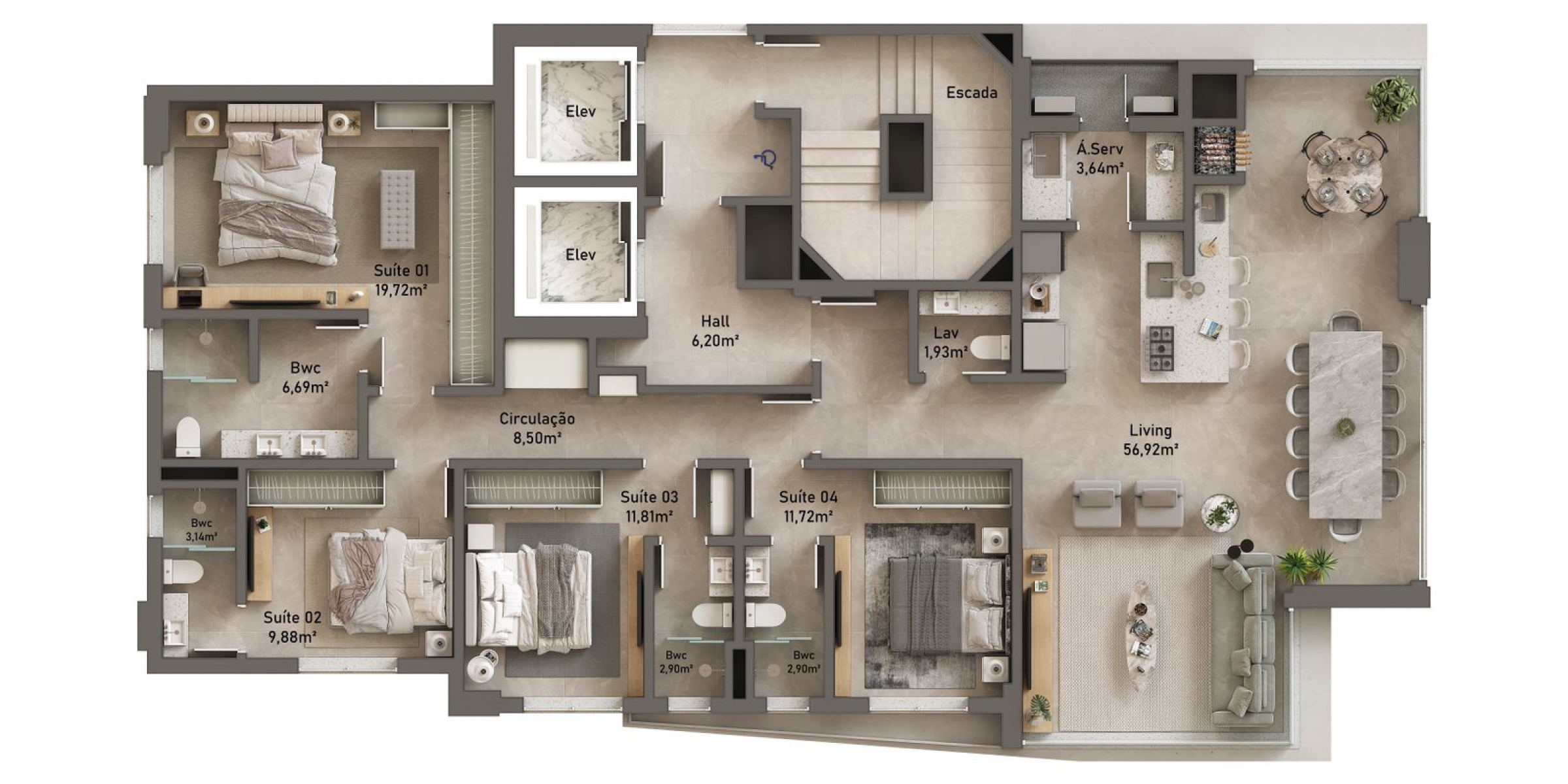 Apartamento na planta com 4 suítes no Edifício Serenity no Centro em Balneário Camboriú - Planta