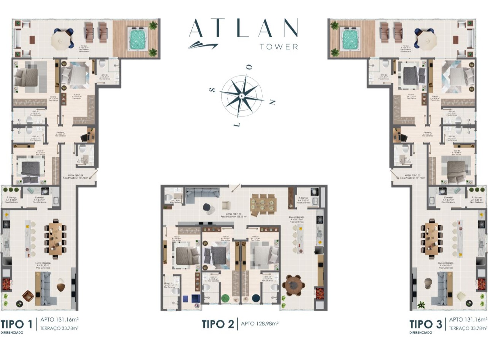 Apartamento de 128,98 m² com 3 suítes Atlan Tower no Centro em Itapema - Planta