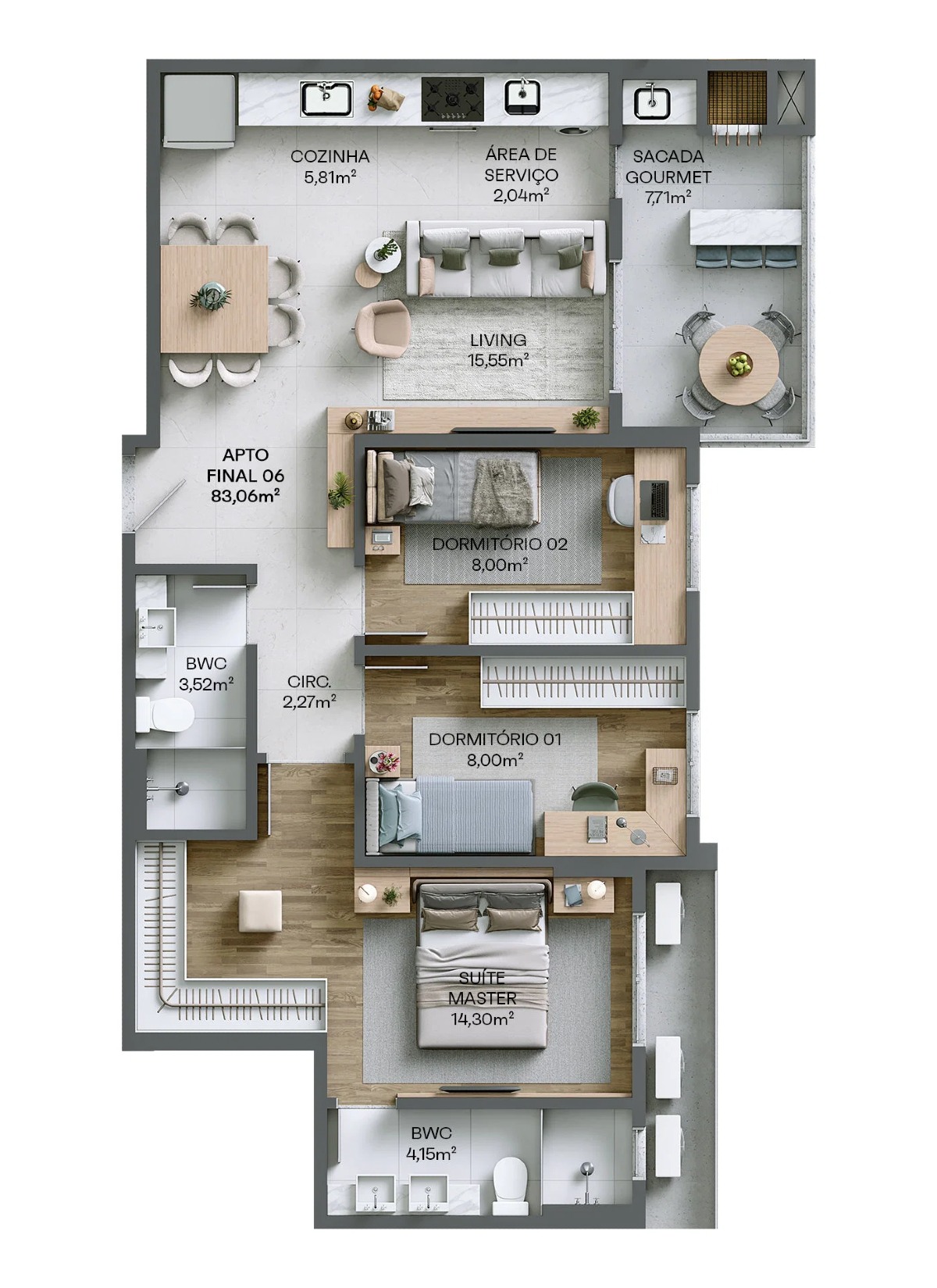 Apartamento com 3 dormitórios sendo 1 suíte no Residencial Living 360 na Vila Operária em Itajaí - Planta