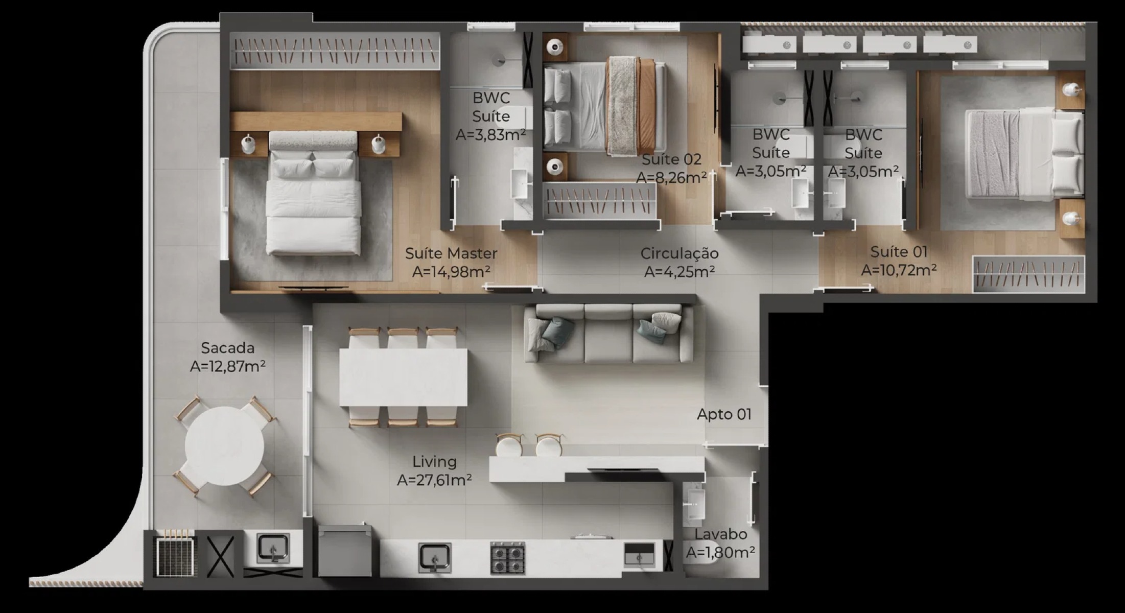 Apartamento na planta com 3 suítes no Edifício Harmonic no Centro em Itajaí  - Planta