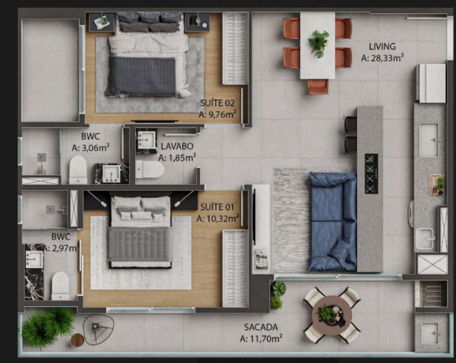 Apartamento na planta com 2 suítes no Edifício Brava Park na Praia Brava, Itajaí - Planta