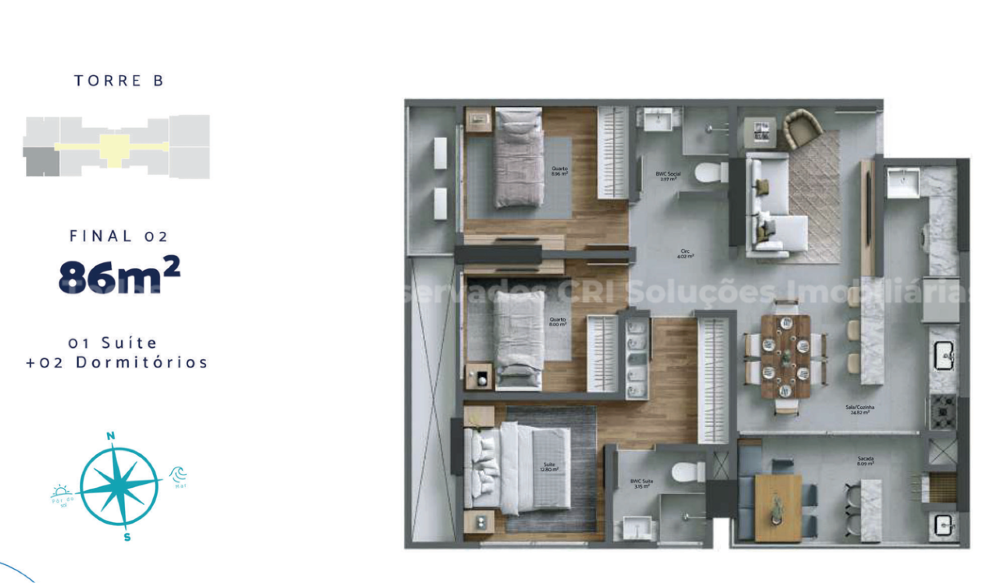 Apartamento com 3 dormitórios no Edifício Torres da Brava Sirena na Praia Brava Itajaí - Planta