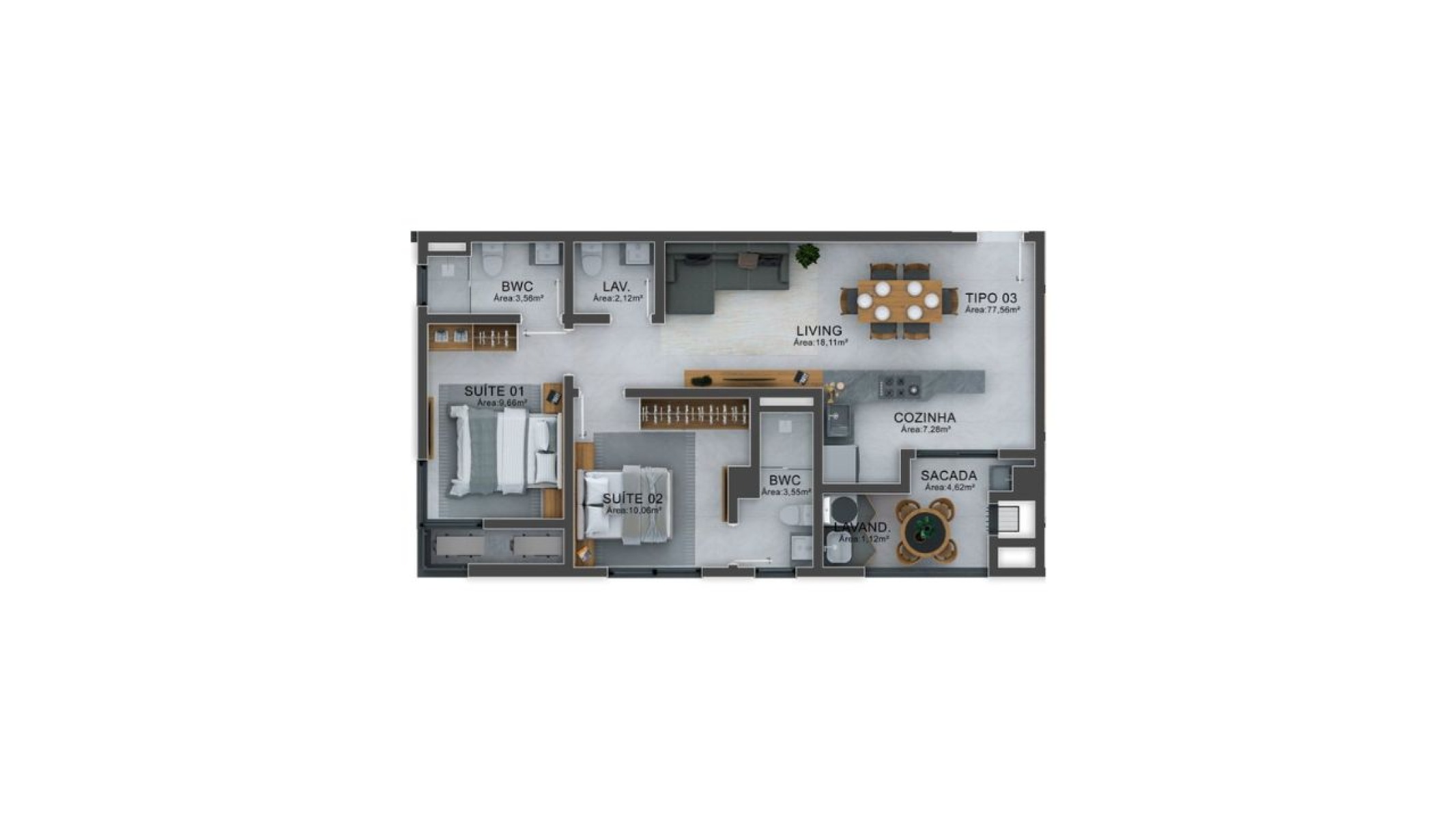 Apartamento 77,56m² com 2 Suítes no Aurum Tower em Balneário Perequê Porto Belo - Planta