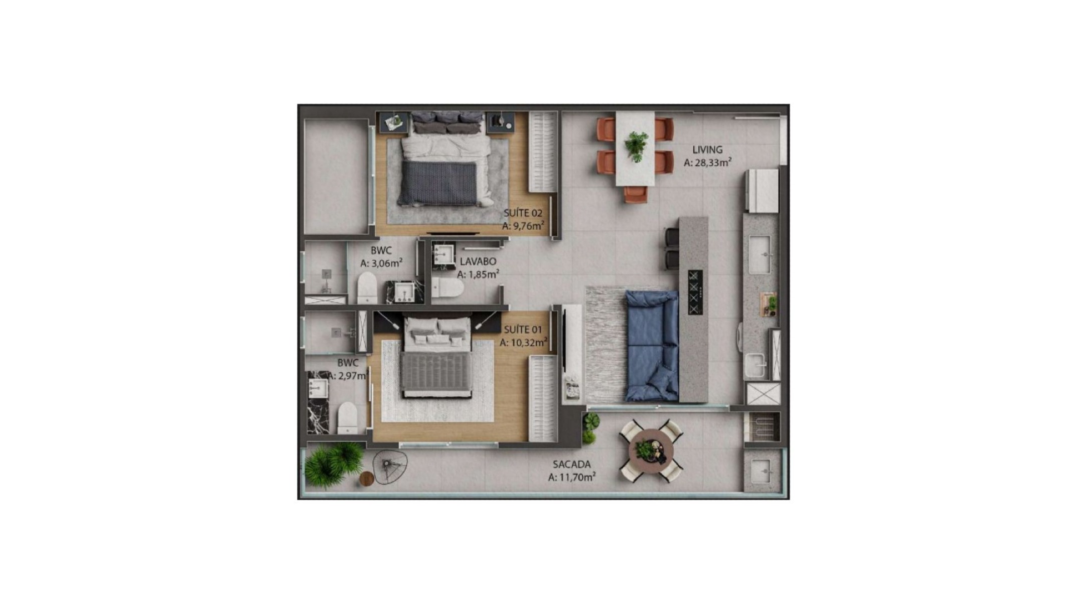 Apartamento na planta com 2 suítes no Edifício Brava Park na Praia Brava, Itajaí - Planta